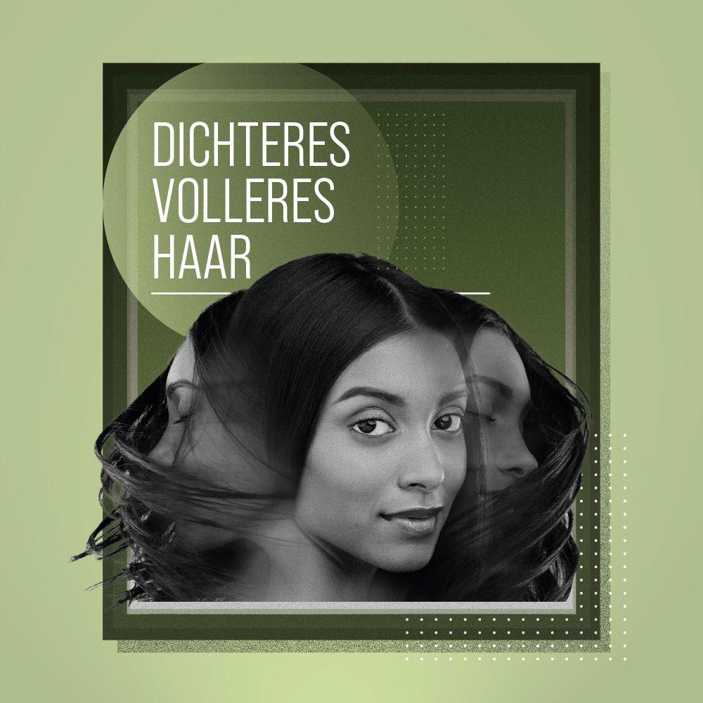 Image publicitaire avec texte: Cheveux plus denses et plus volumineux. Femme avec cheveux volumineux.