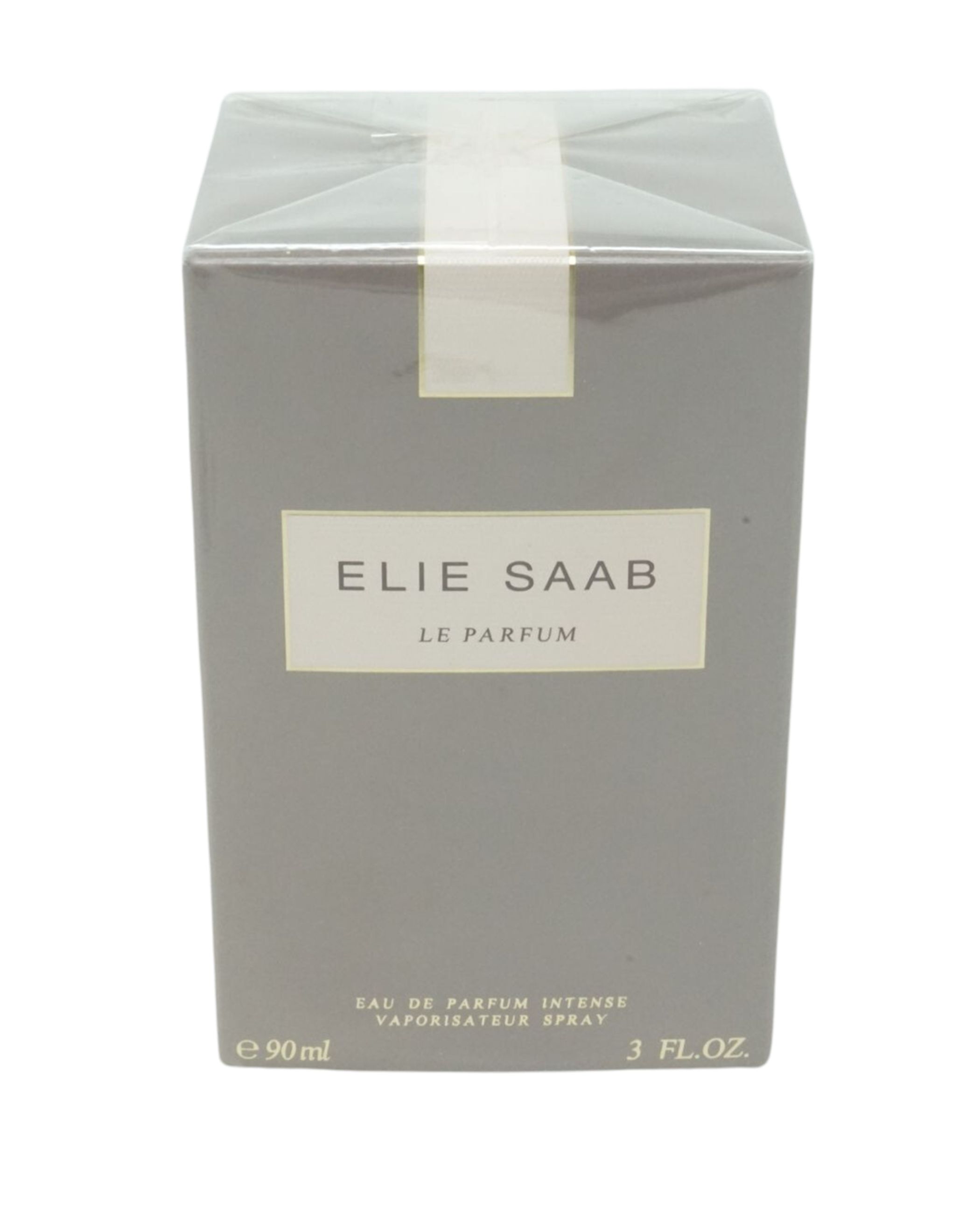 Boîte rectangulaire grise. Inscription: ELIE SAAB LE PARFUM. En bas: Eau de Parfum Intense, 90 ml, 3 FL.OZ.