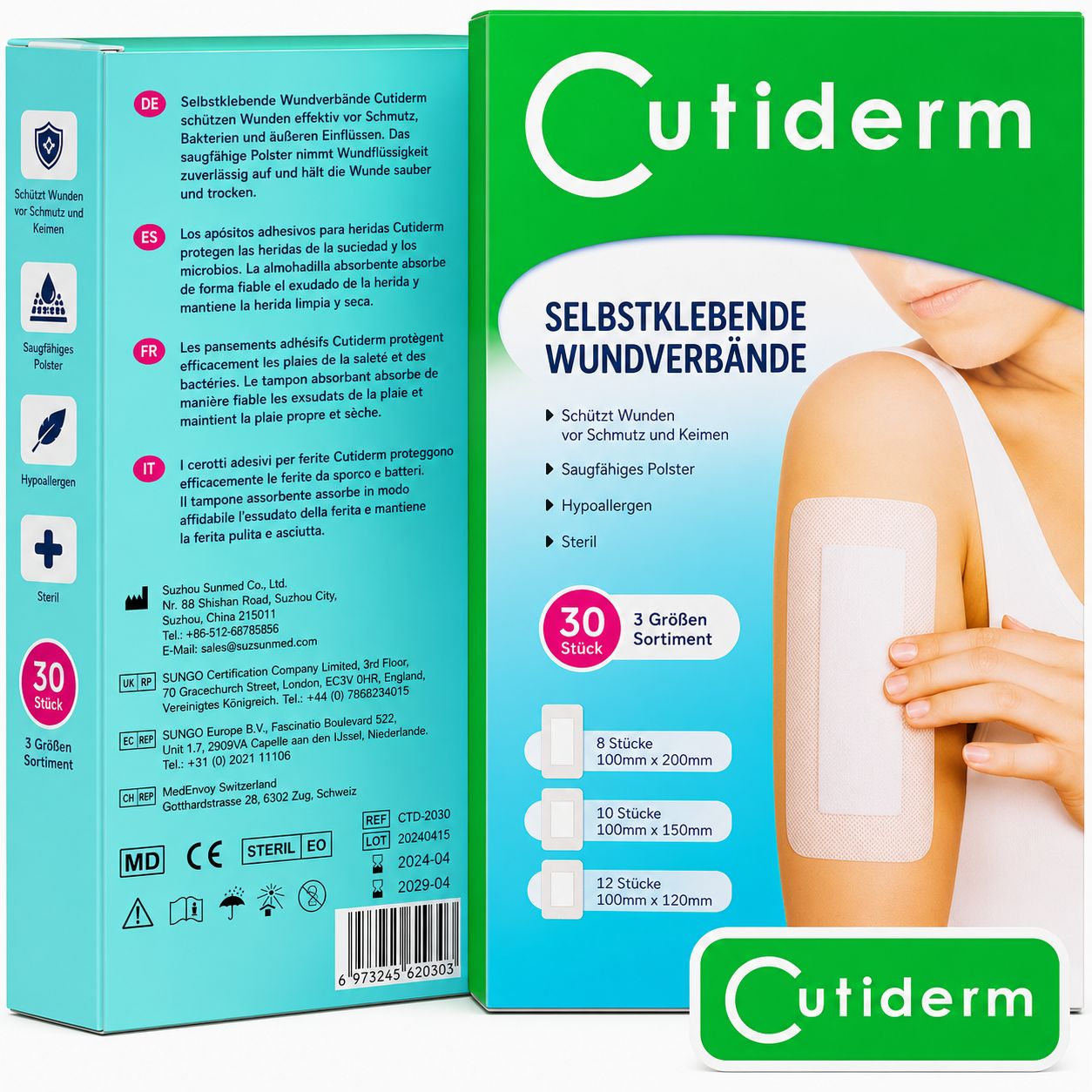 Emballage et contenu des pansements adhésifs Cutiderm en 3 tailles.