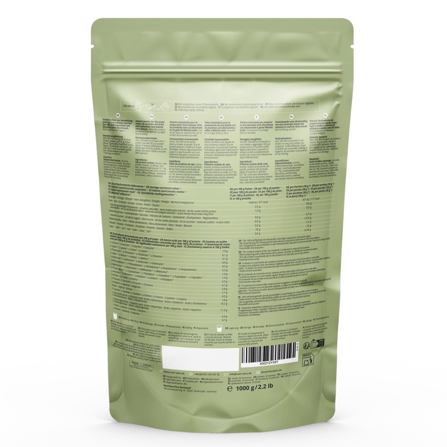 nutri+ Vegan Proteïnepoeder 3k: 100% vegan, lactosevrij, GMO-vrij, gecertificeerde productie, compleet aminozuurprofiel.