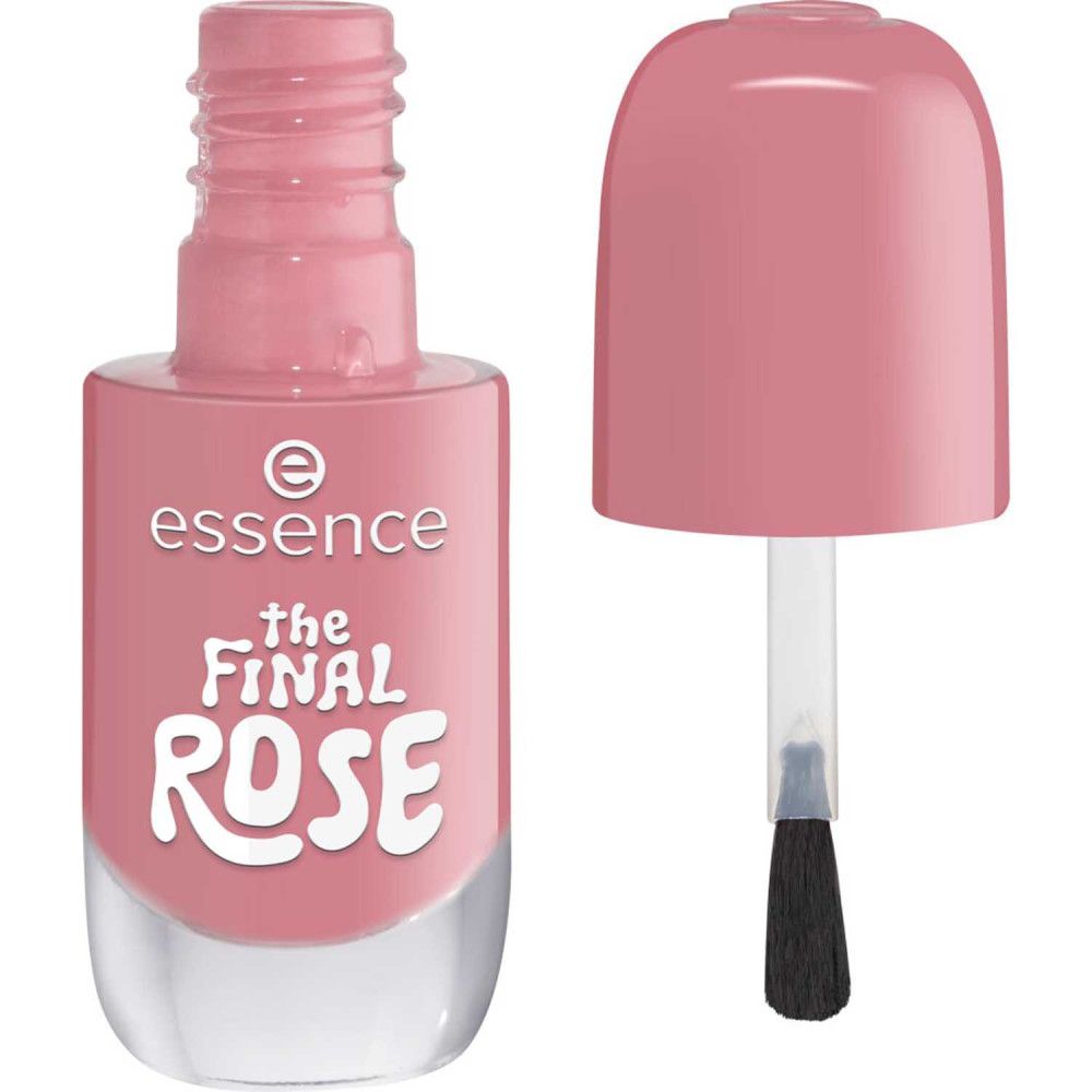 Roze nagellakfles, open. Borstel zichtbaar. Opschrift: essence, the FINAL ROSE.