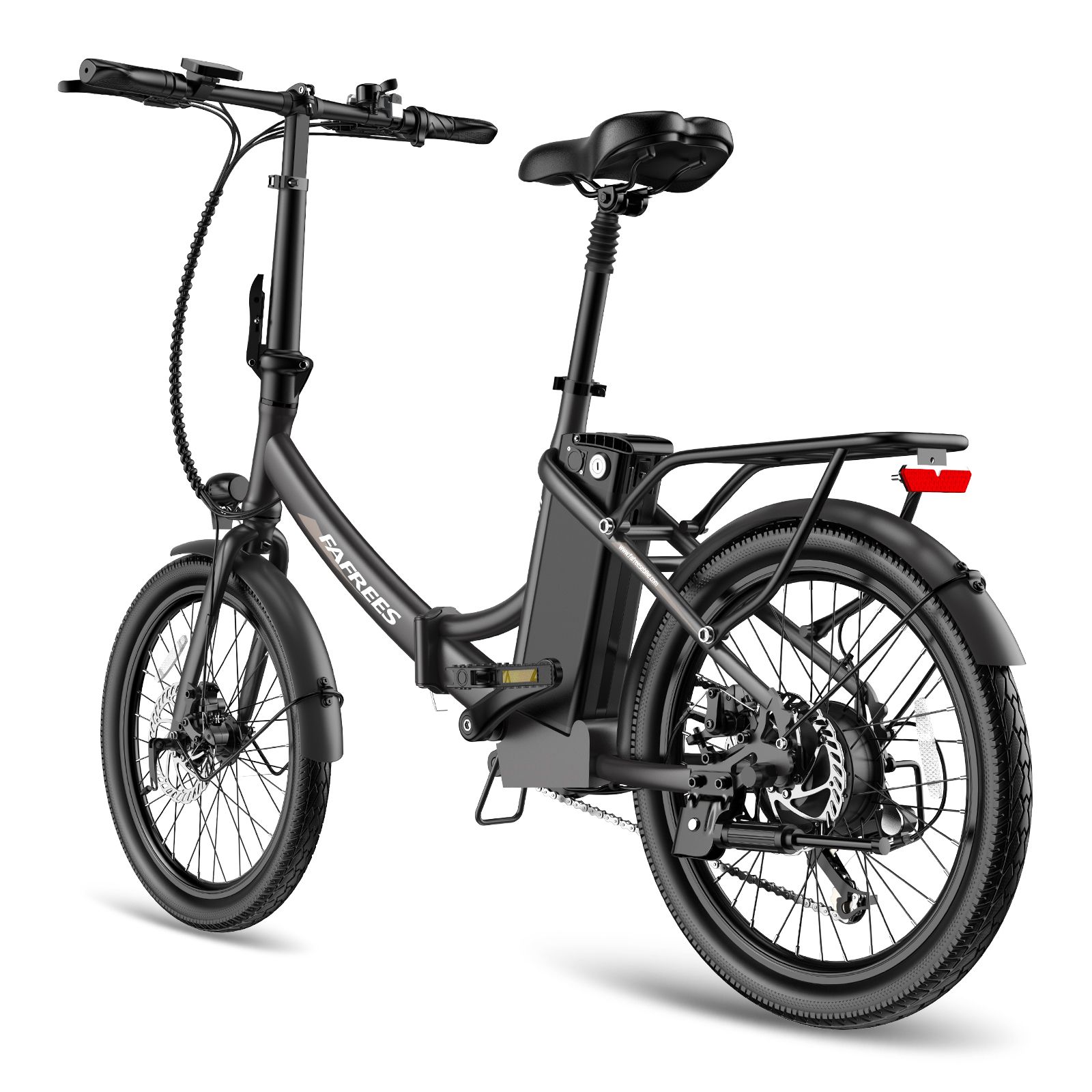 Zwarte opvouwbare e-bike met bagagerek, achterlicht en accu. Merk FAFREES.