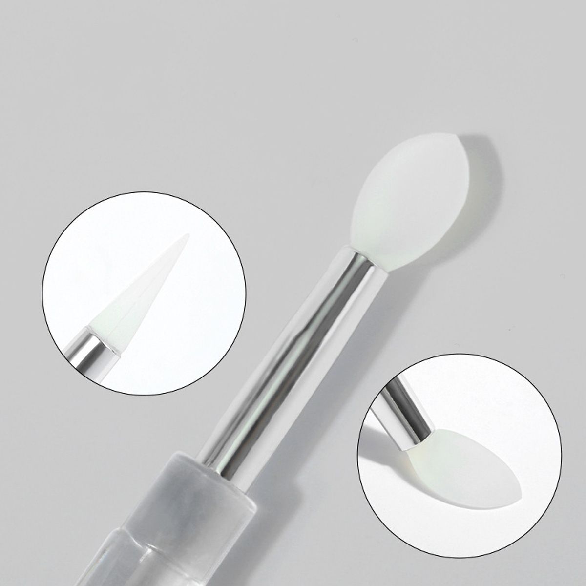 Gros plan d'un applicateur en silicone avec vues détaillées de la pointe et de la pointe ovale.