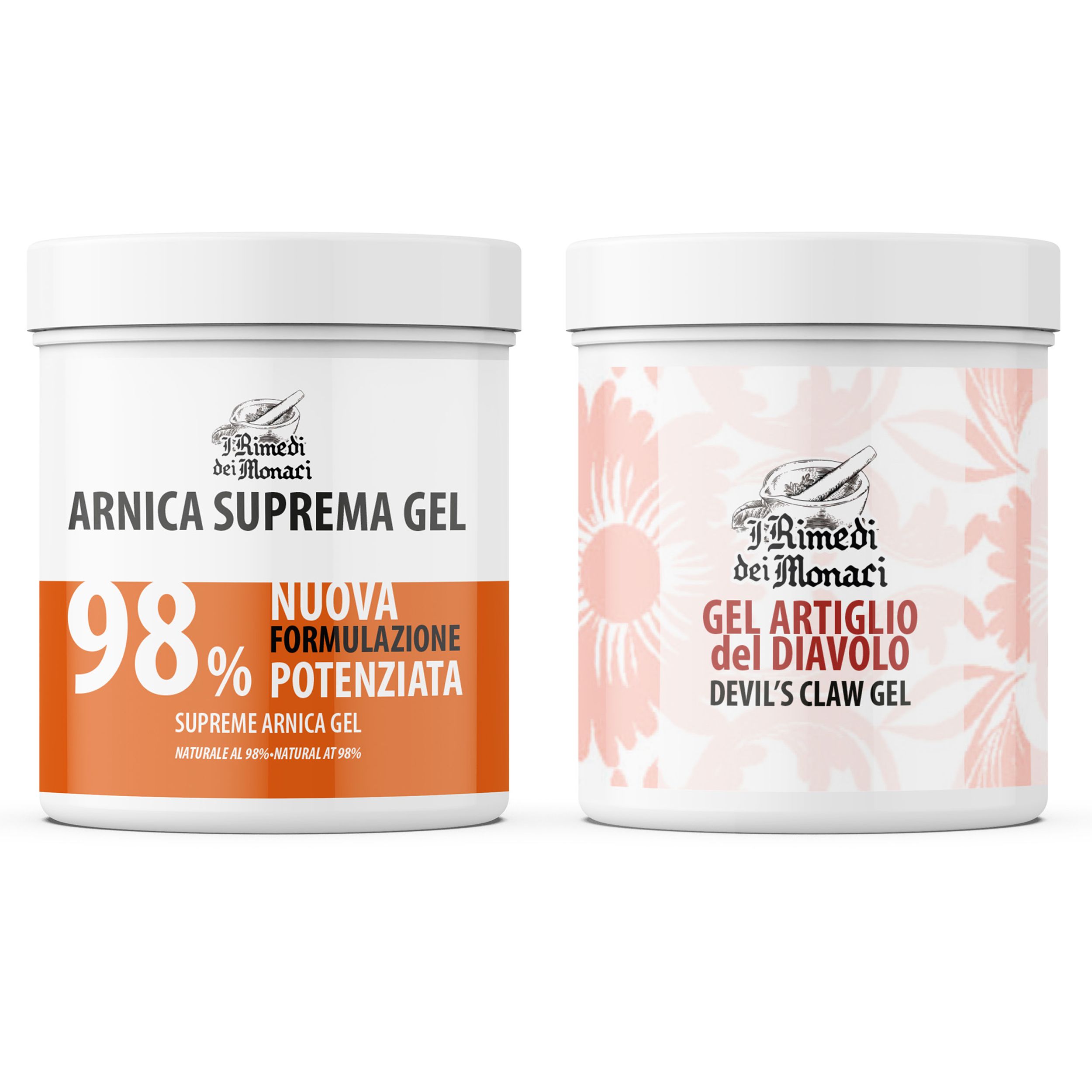 Twee witte potten. Links: Arnica Suprema Gel 98%. Rechts: Gel Artiglio del Diavolo.