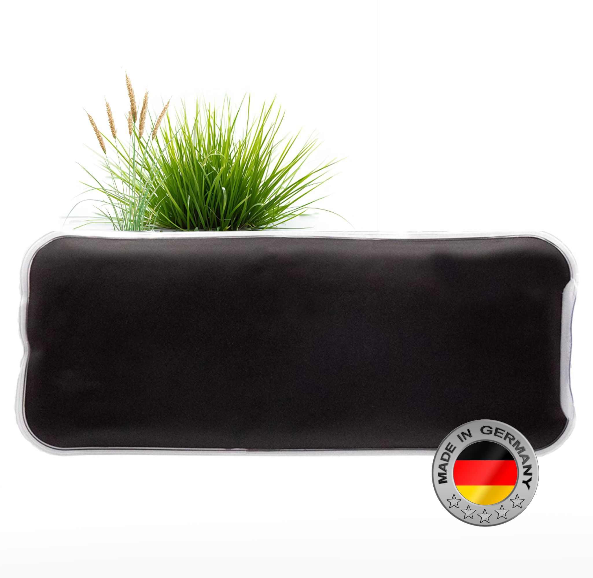 Coussin thermique rectangulaire noir avec bord blanc. Sceau Made in Germany.