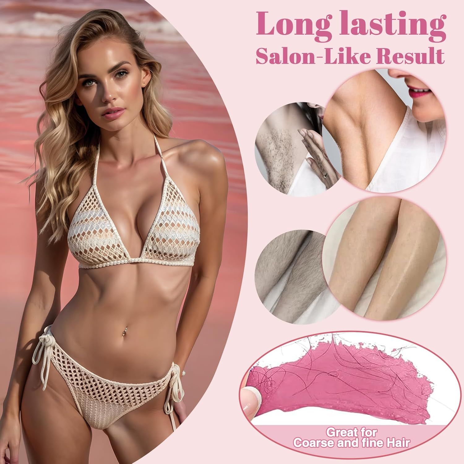 Vrouw in bikini. Illustraties tonen resultaten van ontharing op oksels en benen. Roze wax op de huid.
