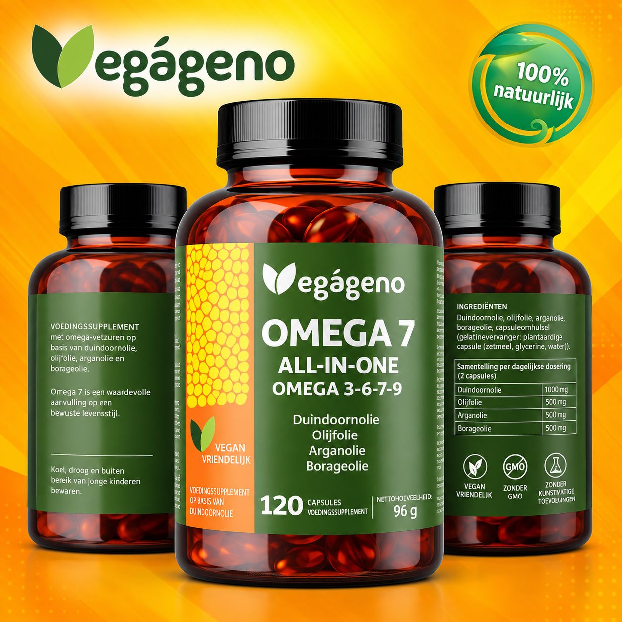 Drie flessen Vegageno Omega 7 voedingssupplementen met capsules. Eén fles toont gedetailleerde ingrediënteninformatie.