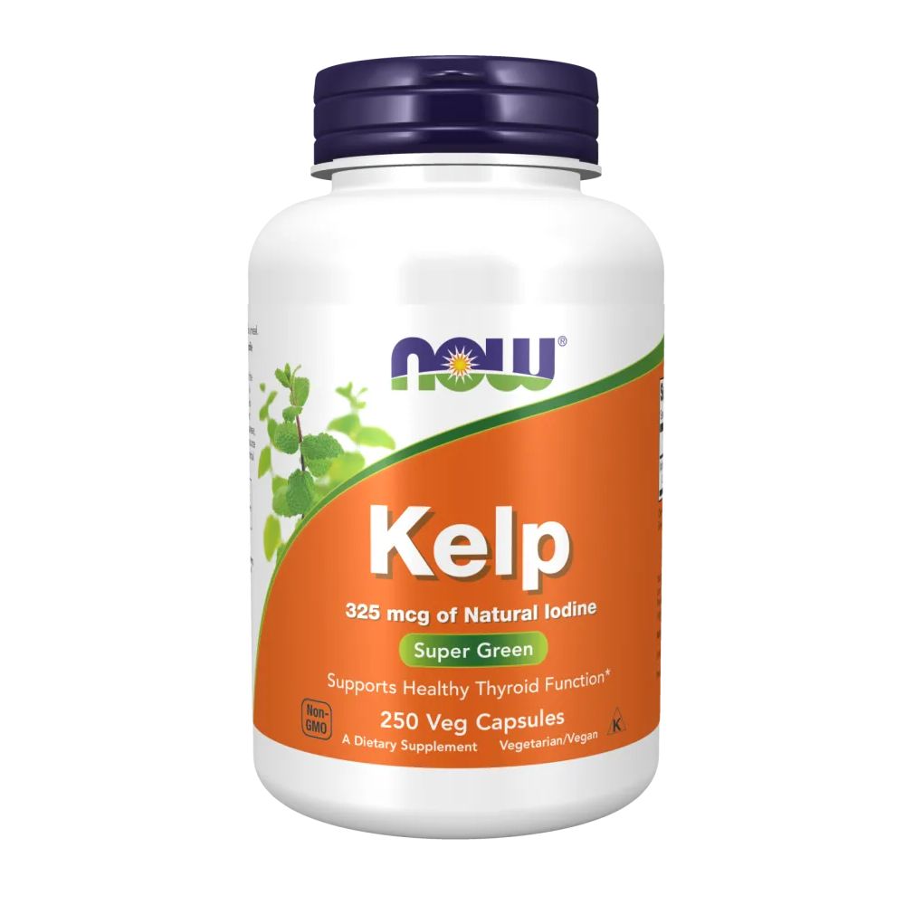 Witte fles met blauwe dop. Opschrift Kelp, 325 mcg jodium, Super Green, 250 Veg Capsules. Merk Now.