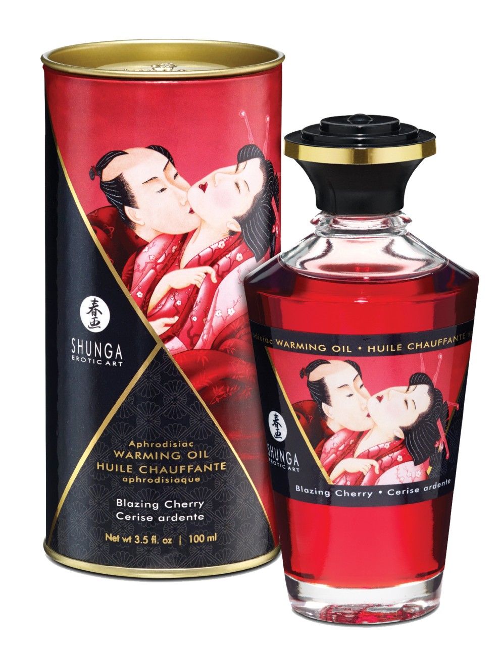 Rode fles en doos met etiketten. Opschrift: Shunga, Warming Oil, Blazing Cherry. Illustratie van een paar.