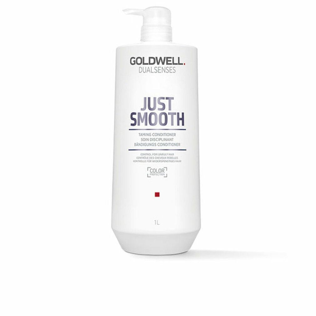 Goldwell Dualsenses Just Smooth Conditioner. Witte fles met pomp. Opschrift: Just Smooth, 1L.