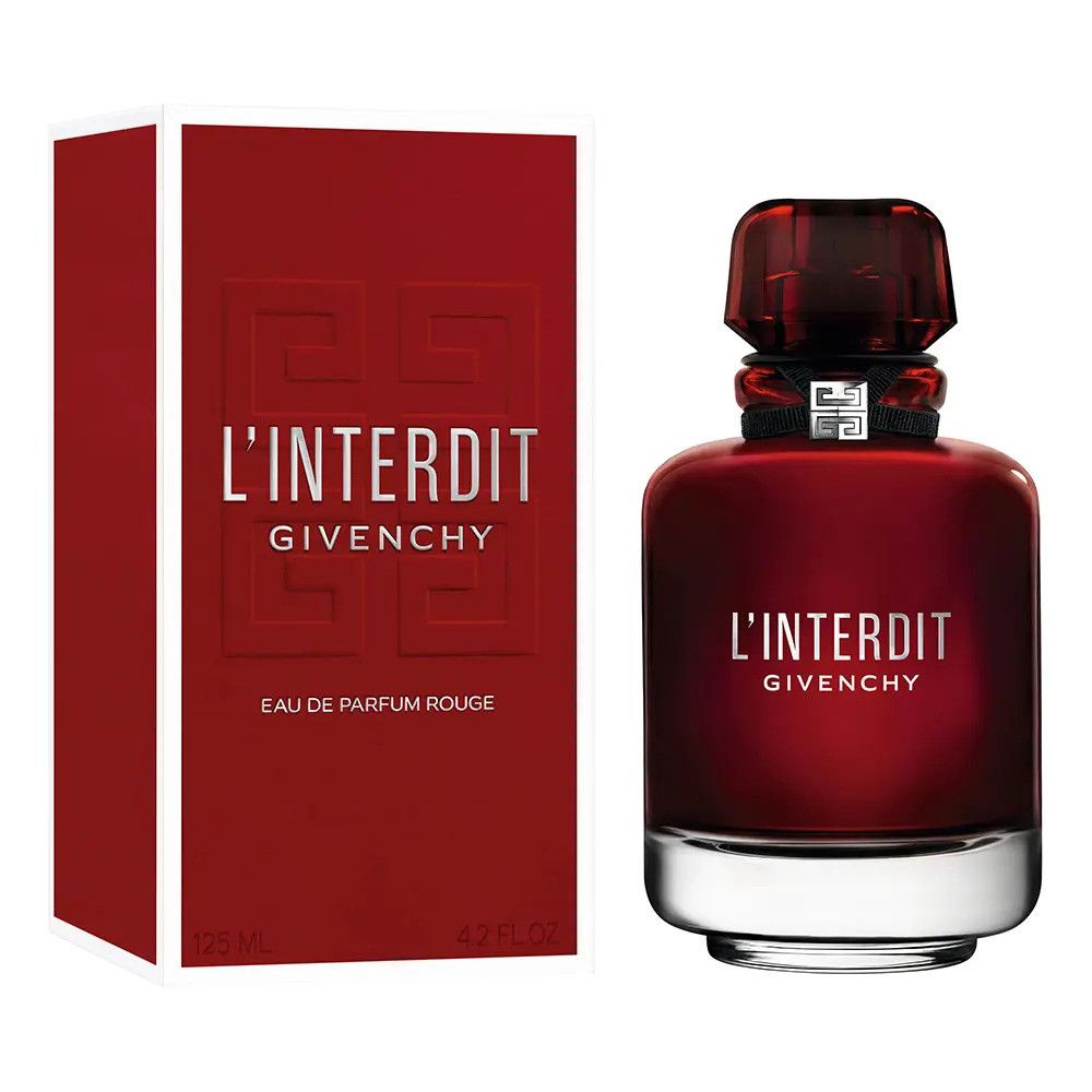 Rode fles en doos. Opschrift: L'Interdit Givenchy Eau de Parfum Rouge. Fles met zwart lint en zilveren logo. Doos met reliëf logo.