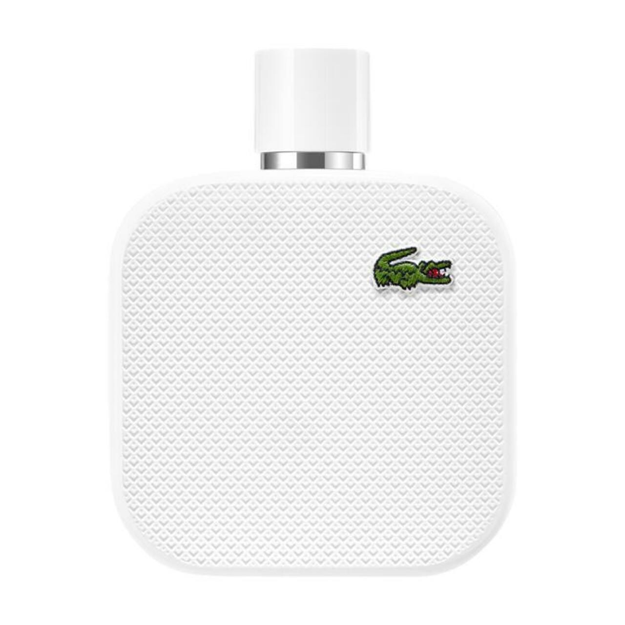 Flacon blanc Lacoste L.12.12 Blanc. Logo crocodile. Forme carrée avec surface gaufrée. Bouchon blanc.