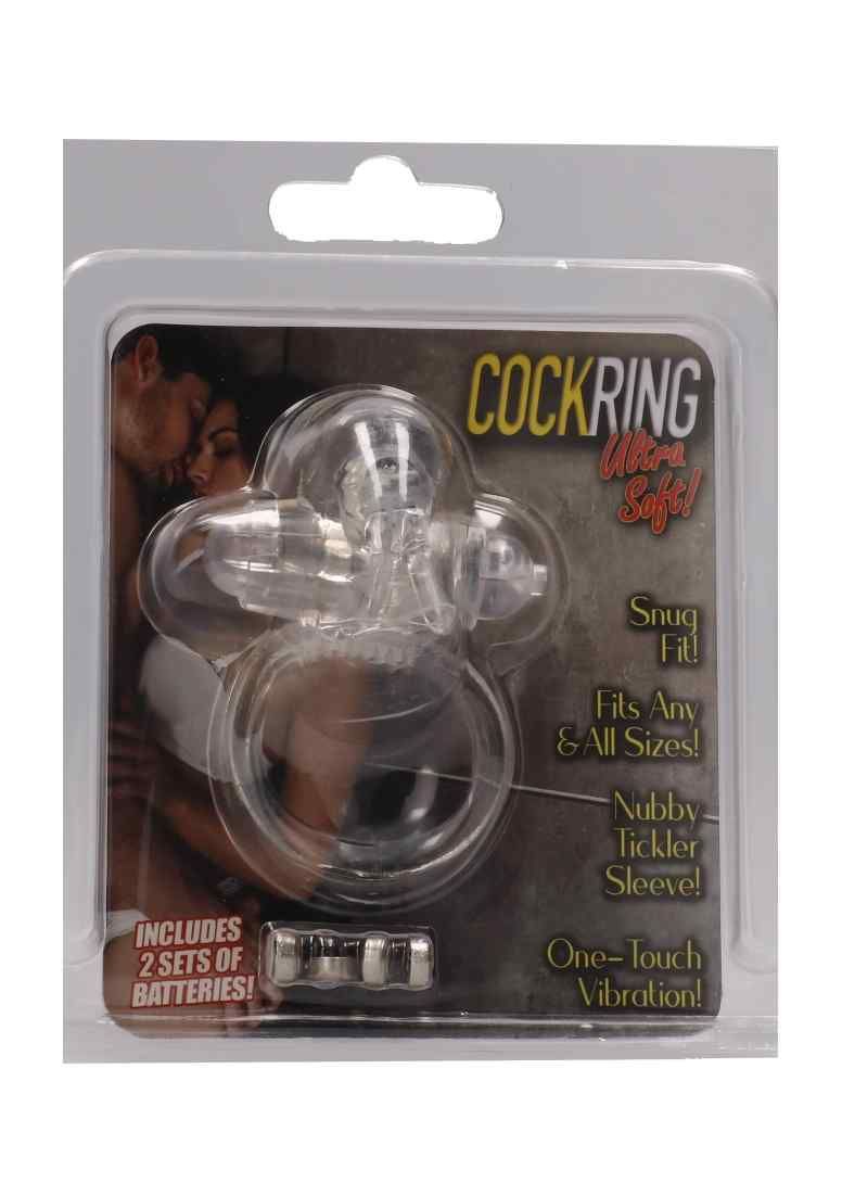 Cockring transparent en blister avec illustration du produit et informations textuelles.