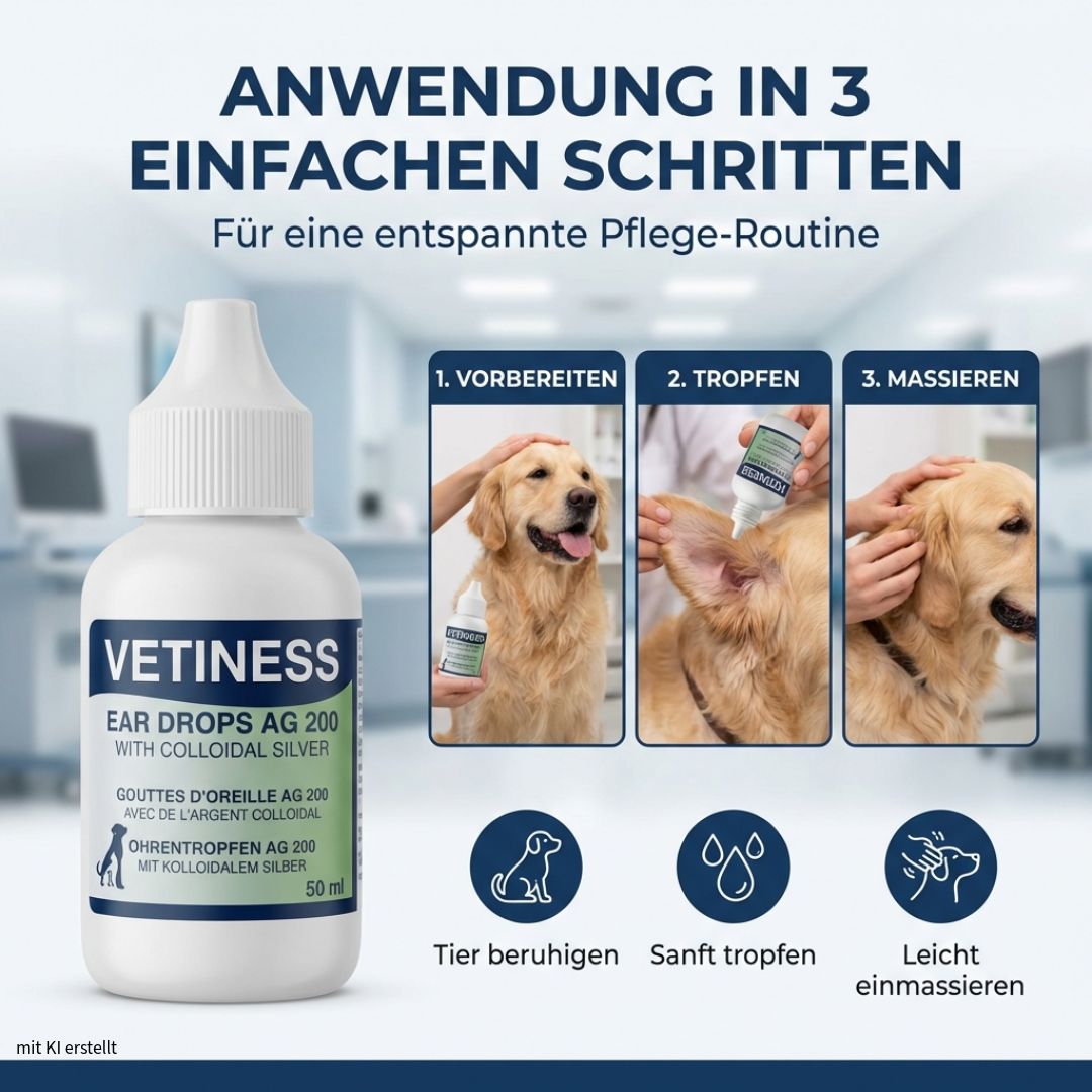 Flacon avec étiquette bleue et verte. Texte: Vetiness Ear Drops AG 200 with colloidal silver. Application en 3 étapes simples.