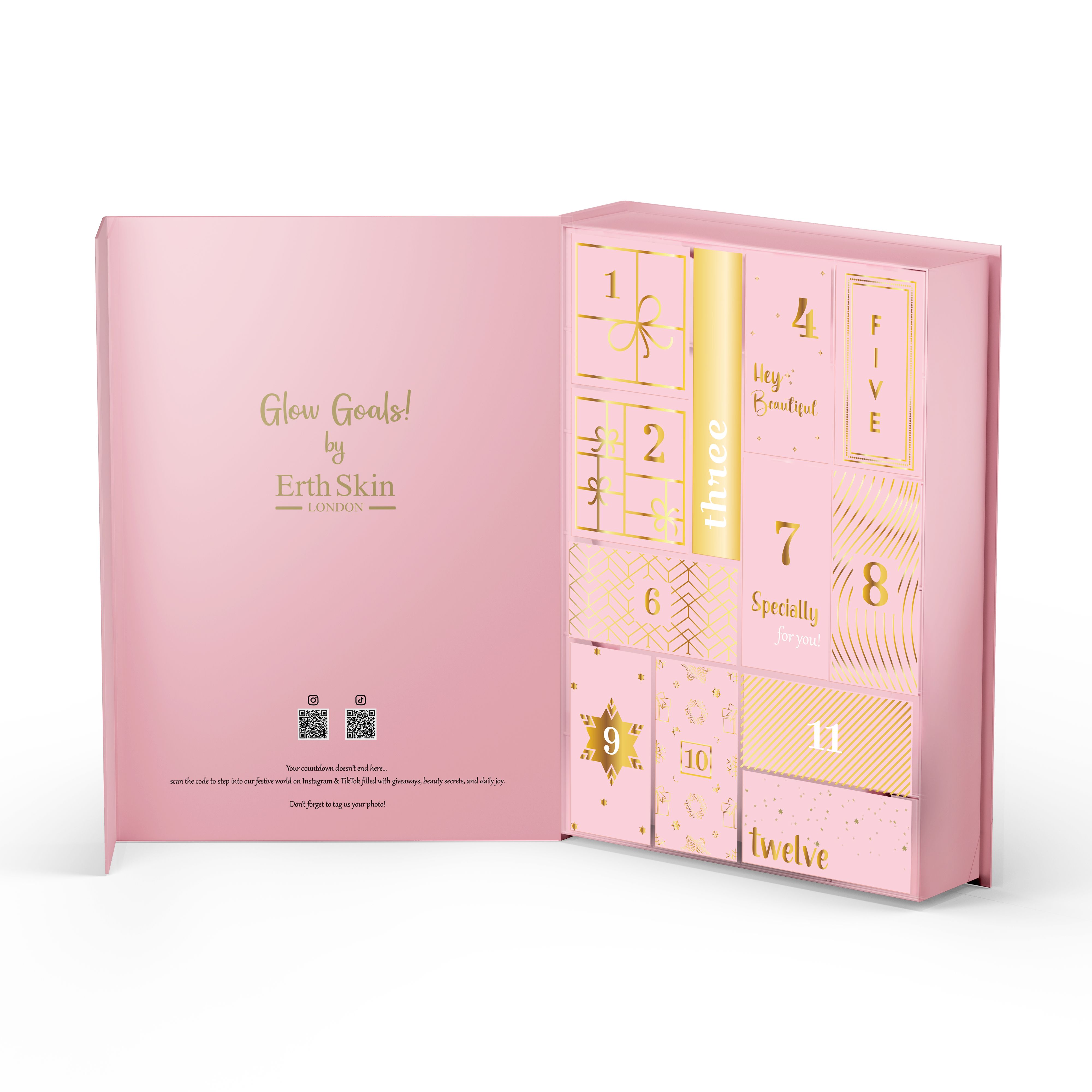 Open roze adventskalender met gouden cijfers. Bevat cosmetica. Tekst "Glow Goals! by Erth Skin".