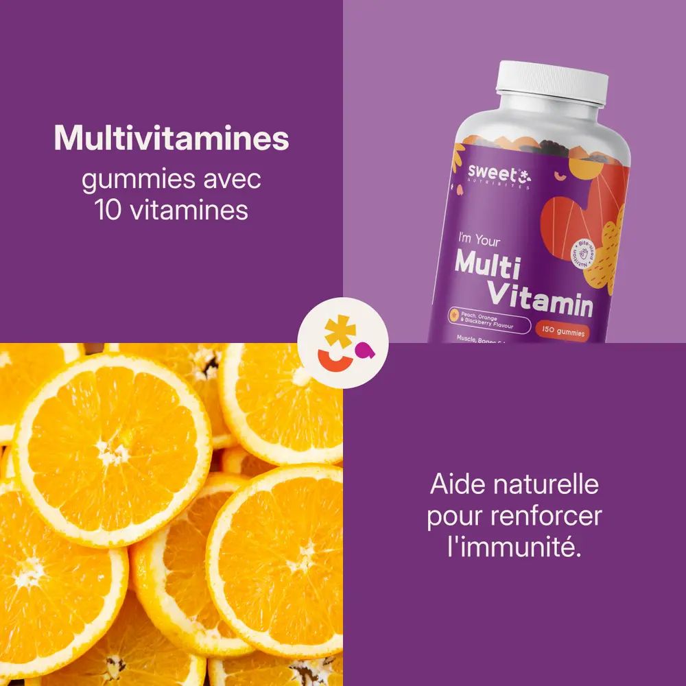 Flacon Sweet Nutribites Multivitamin. Texte : Multivitamines gummies avec 10 vitamines, plus d'énergie, saveurs pêche, orange et mûre. Qualité supérieure.