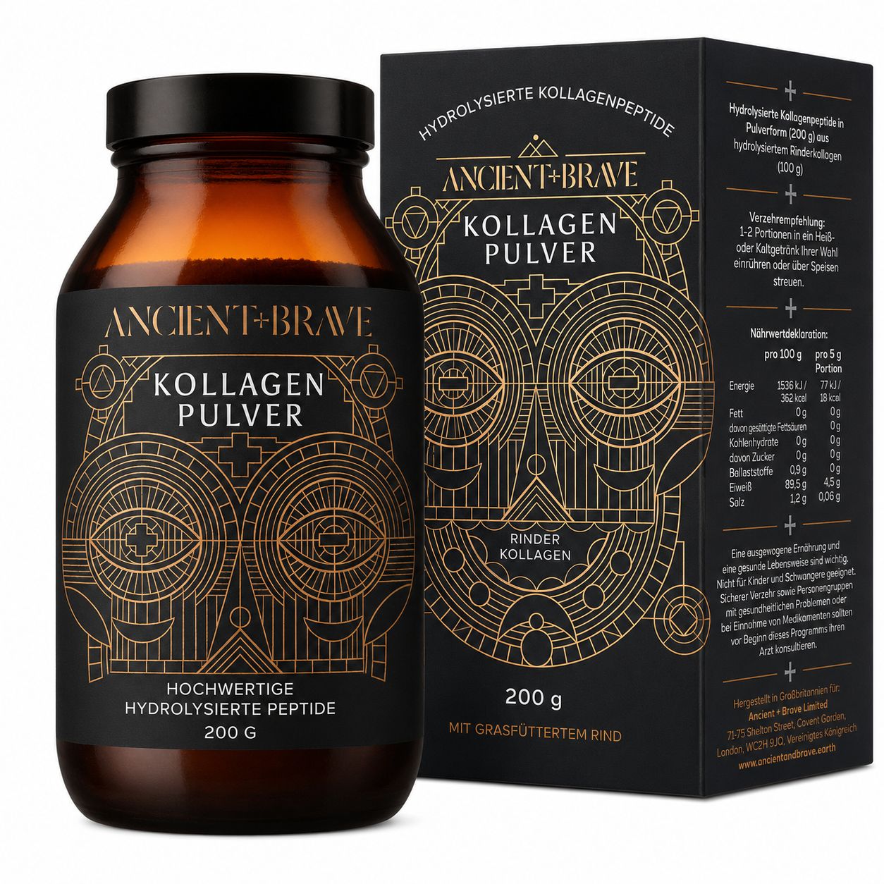 Bouteille et boîte de poudre de collagène avec informations détaillées sur le produit et valeurs nutritionnelles.