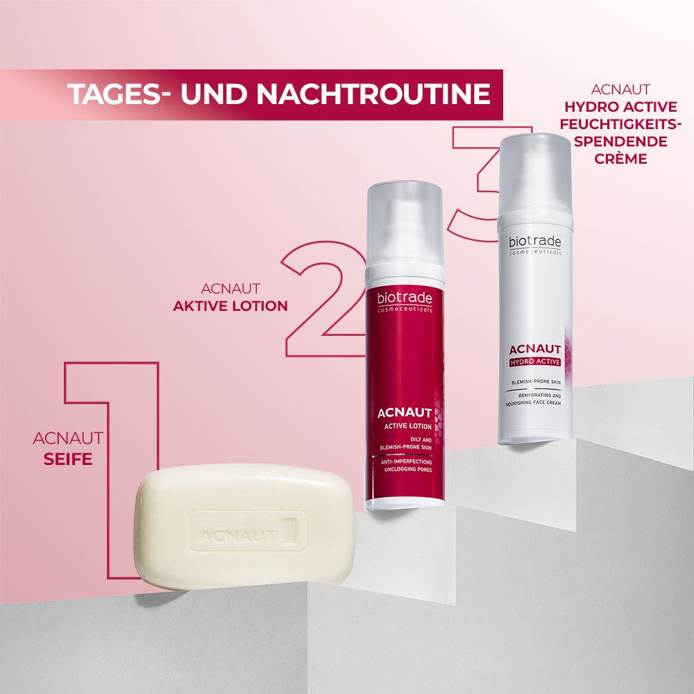 Trois produits sur fond rose. Savon, lotion et crème Acnaut. Texte : Routine jour et nuit. Ordre d'application.