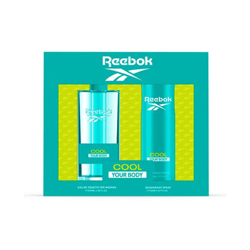 Coffret Reebok Cool Your Body. Eau de toilette et déodorant dans un emballage turquoise. Logo et inscription Cool Your Body.