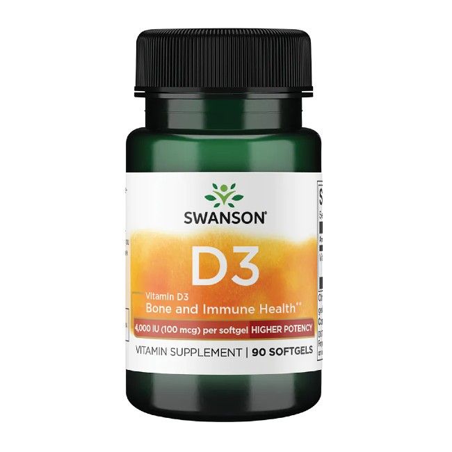 Groene fles met zwarte dop. Opschrift: SWANSON D3, vitamine D3, 4.000 IE. 90 softgels.