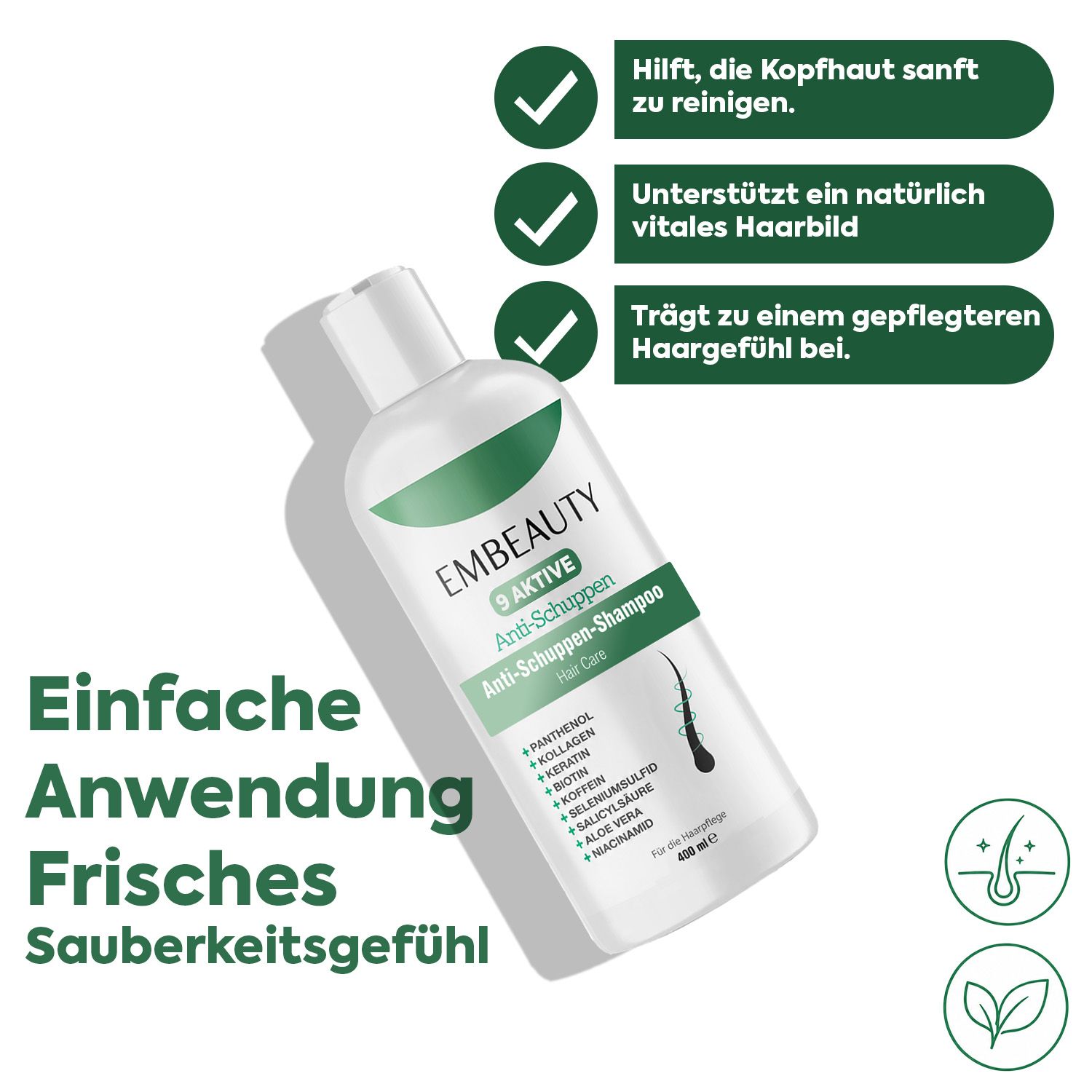 Embeauty Anti-Roos Shampoo fles met lijst van ingrediënten en gebruiksinstructies.