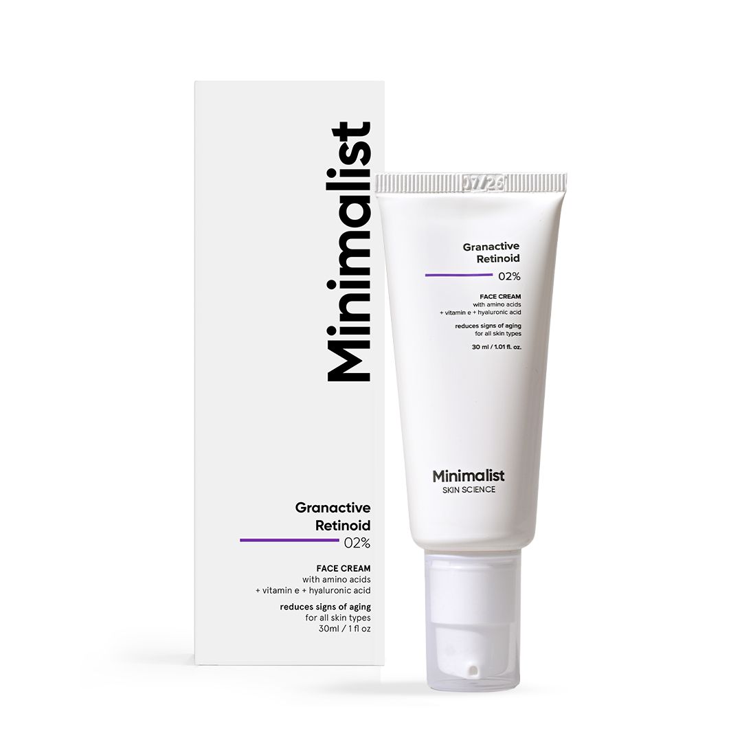 Witte tube en doos met producttekst. Productnaam: Minimalist Granactive Retinoid 02% Face Cream.