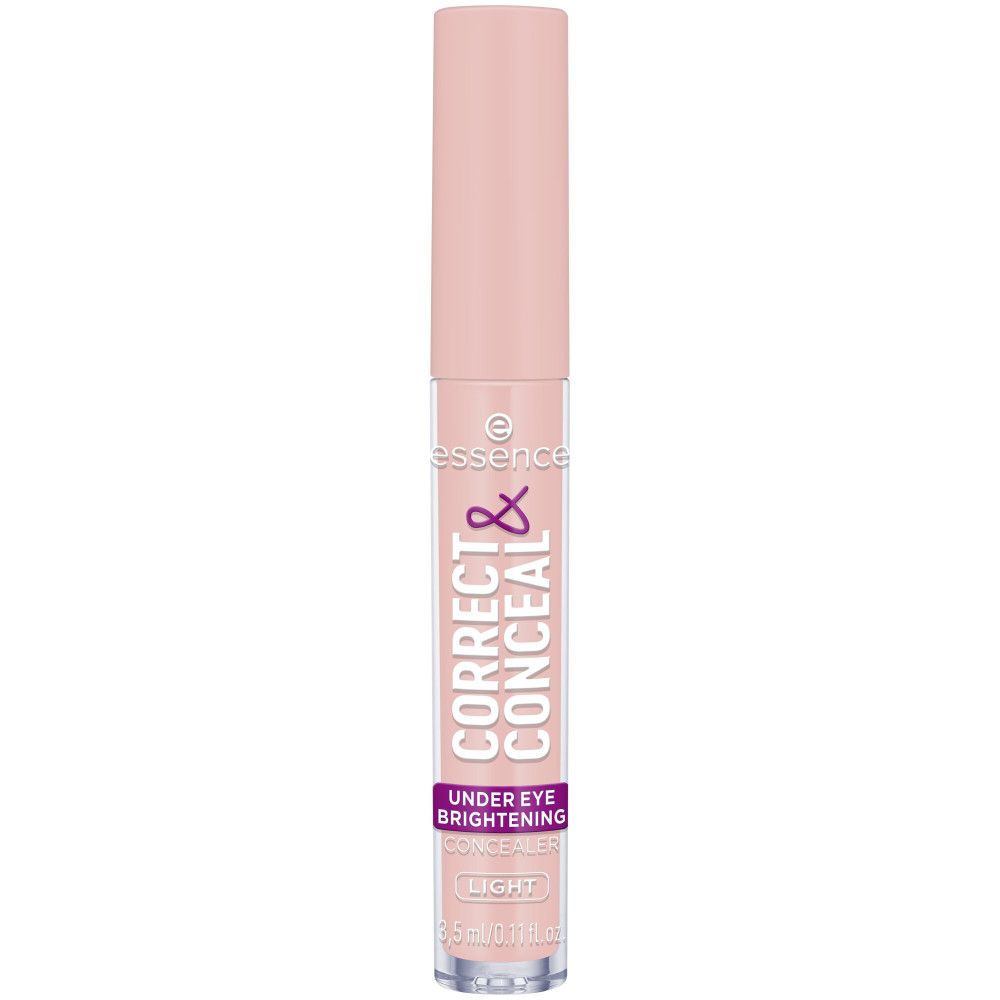 Tube de correcteur Essence Correct & Conceal, rose clair. Texte: Correct & Conceal, Under Eye Brightening, Light.
