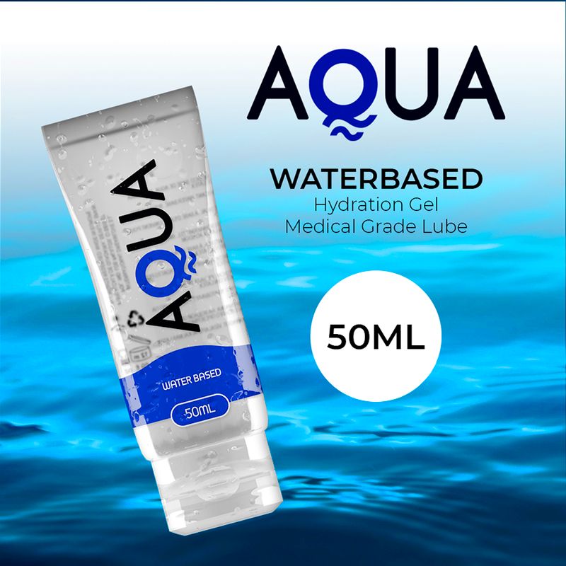 AQUA Hydration Gel, medische glijmiddel, 50ml, op blauwe waterachtergrond.