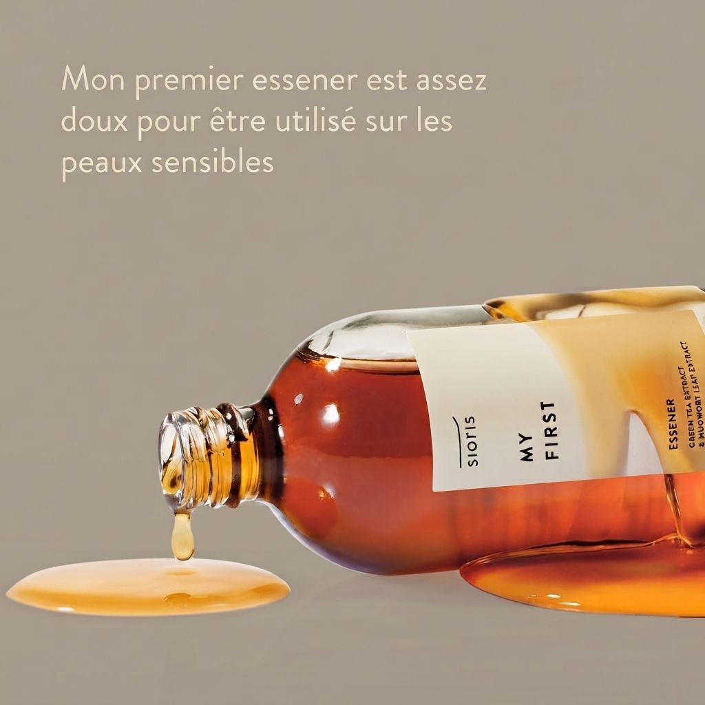 Une bouteille Sioris My First Essener renversée, du liquide s'en échappe.