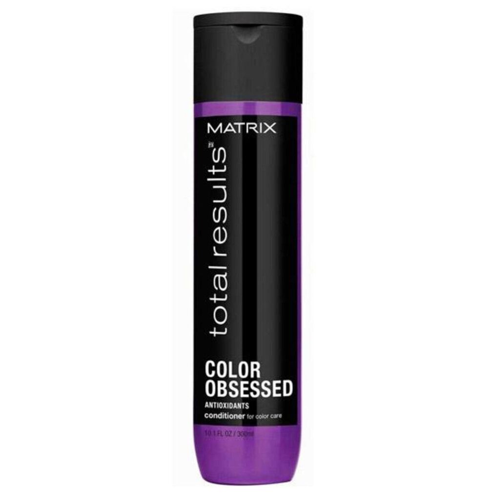 Conditionneur Matrix Total Results Color Obsessed. Bouteille violette avec bouchon noir. Inscriptions: MATRIX, total results, COLOR OBSESSED.