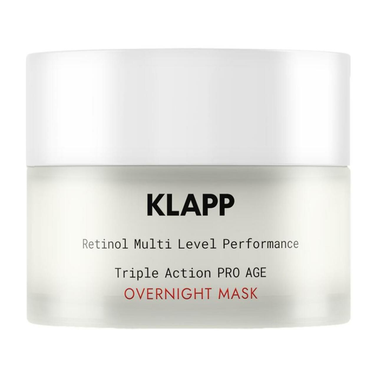 Witte pot met deksel. Opschrift: KLAPP, Retinol Multi Level Performance, Triple Action PRO AGE, OVERNIGHT MASK.
