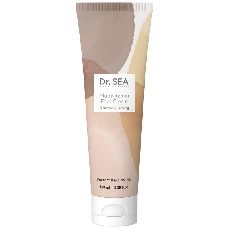 Crèmetube met "Dr. SEA Multivitamin Foot Cream". Bevat Kaneel & Ginseng. Voor normale en droge huid.