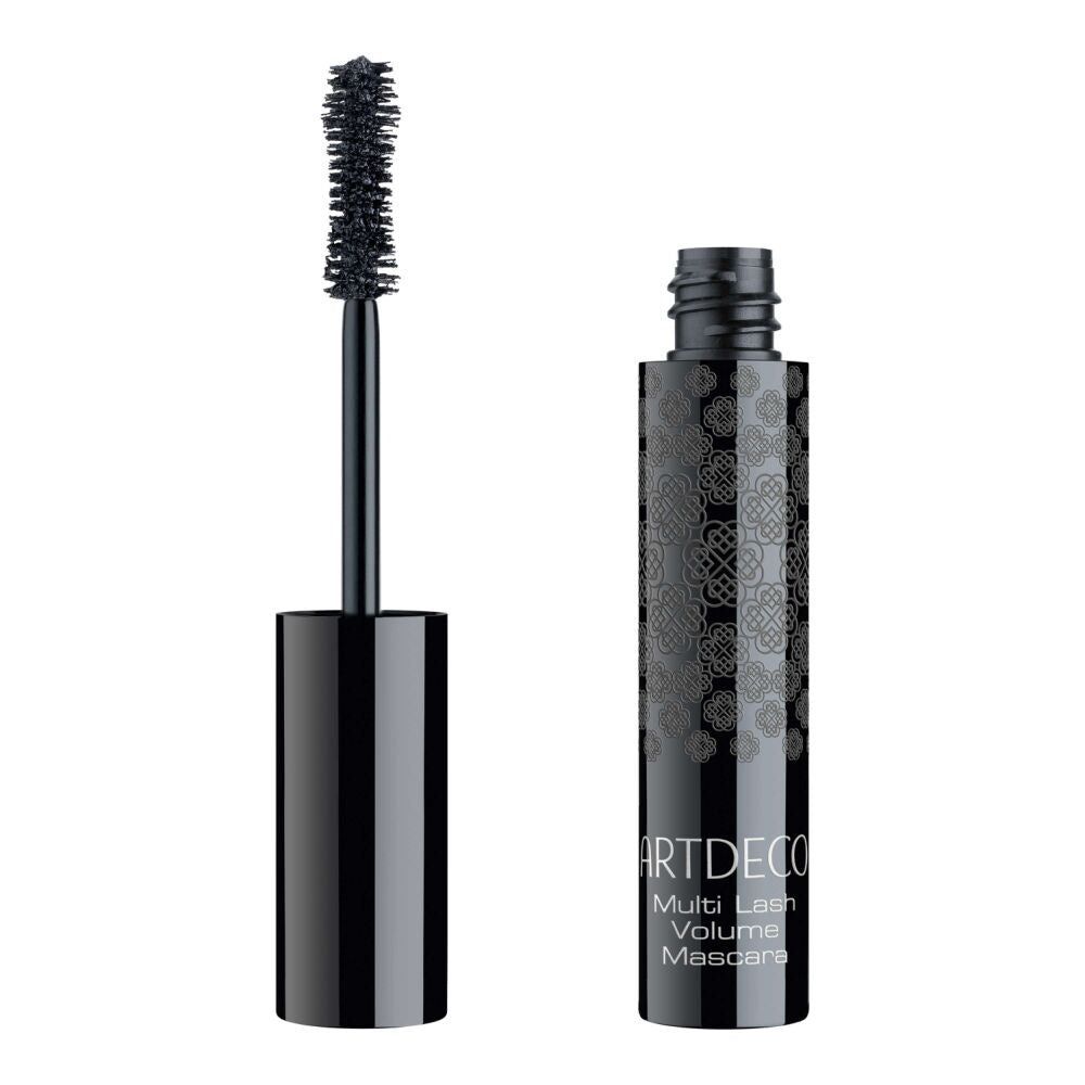 Open mascara tube met borstel. Productnaam: Artdeco Multi Lash Volumen Mascara Refillable. Zwarte borstel.