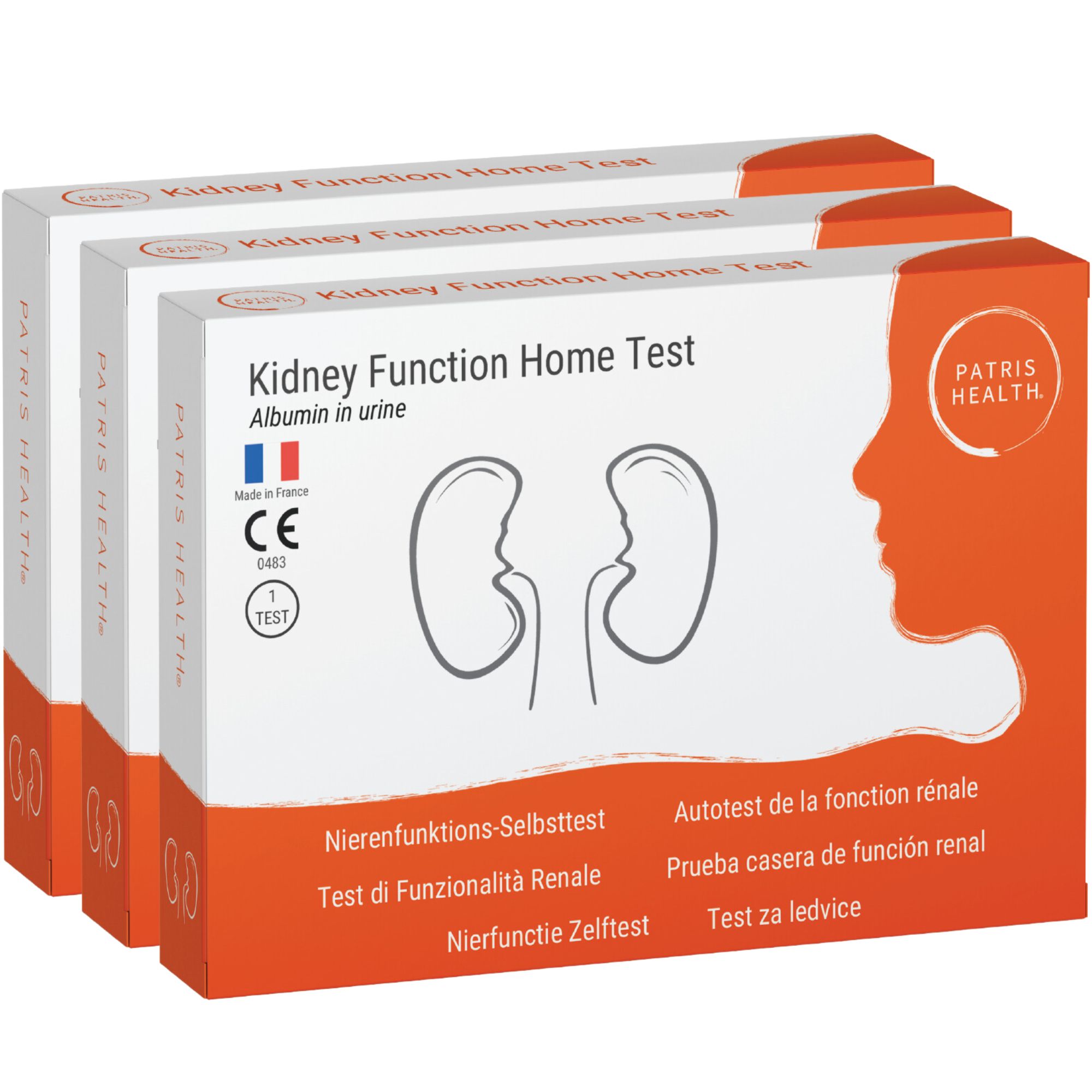 Drie dozen Kidney Function Home Test. Logo's: Patris Health, CE. Zelf-test voor nierfunctie.