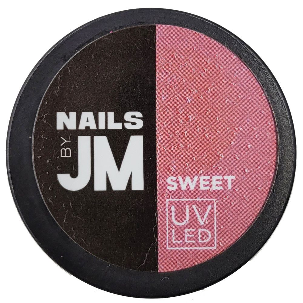 Récipient rond, divisé en noir et rose. Inscription "NAILS BY JM" et "SWEET". Logo UV/LED.