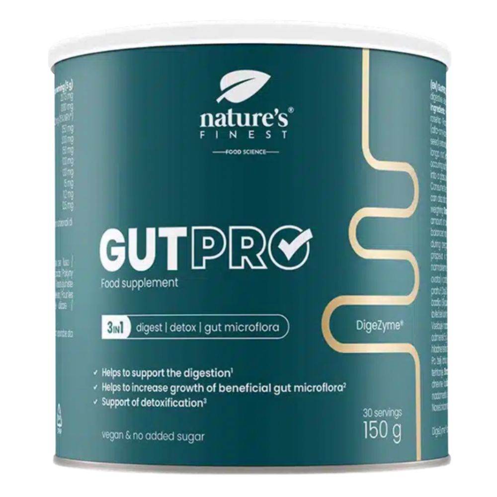 Boîte ronde GutPRO de Nature's Finest. Turquoise, couvercle blanc. Texte : GutPRO, 3en1, 150g, vegan. Logo : feuille. Inscription : Nature's Finest.