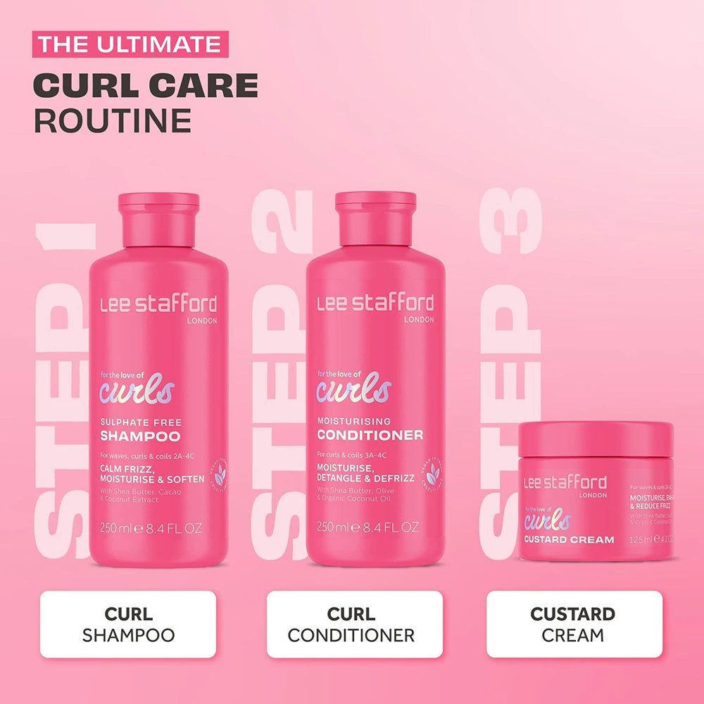 Lee Stafford Krul Routine: Shampoo, Conditioner en Custard Cream.