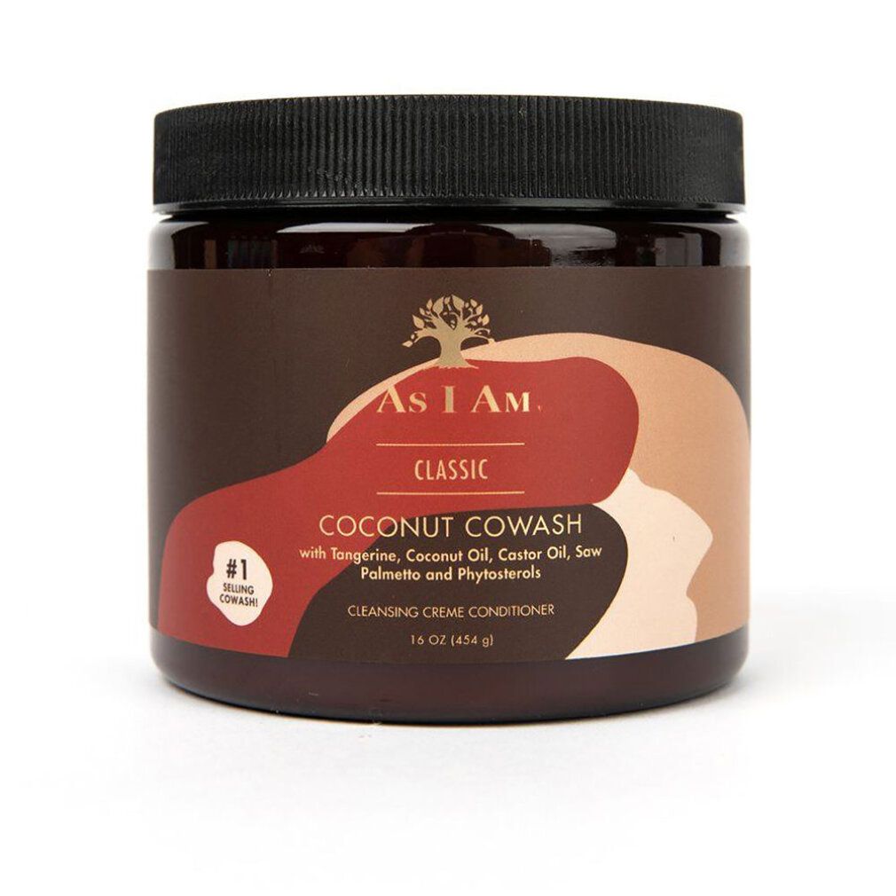 Bruine pot met zwarte deksel. Opschrift: As I Am Classic Coconut CoWash Cleansing Creme Conditioner. 16 oz./454 g.
