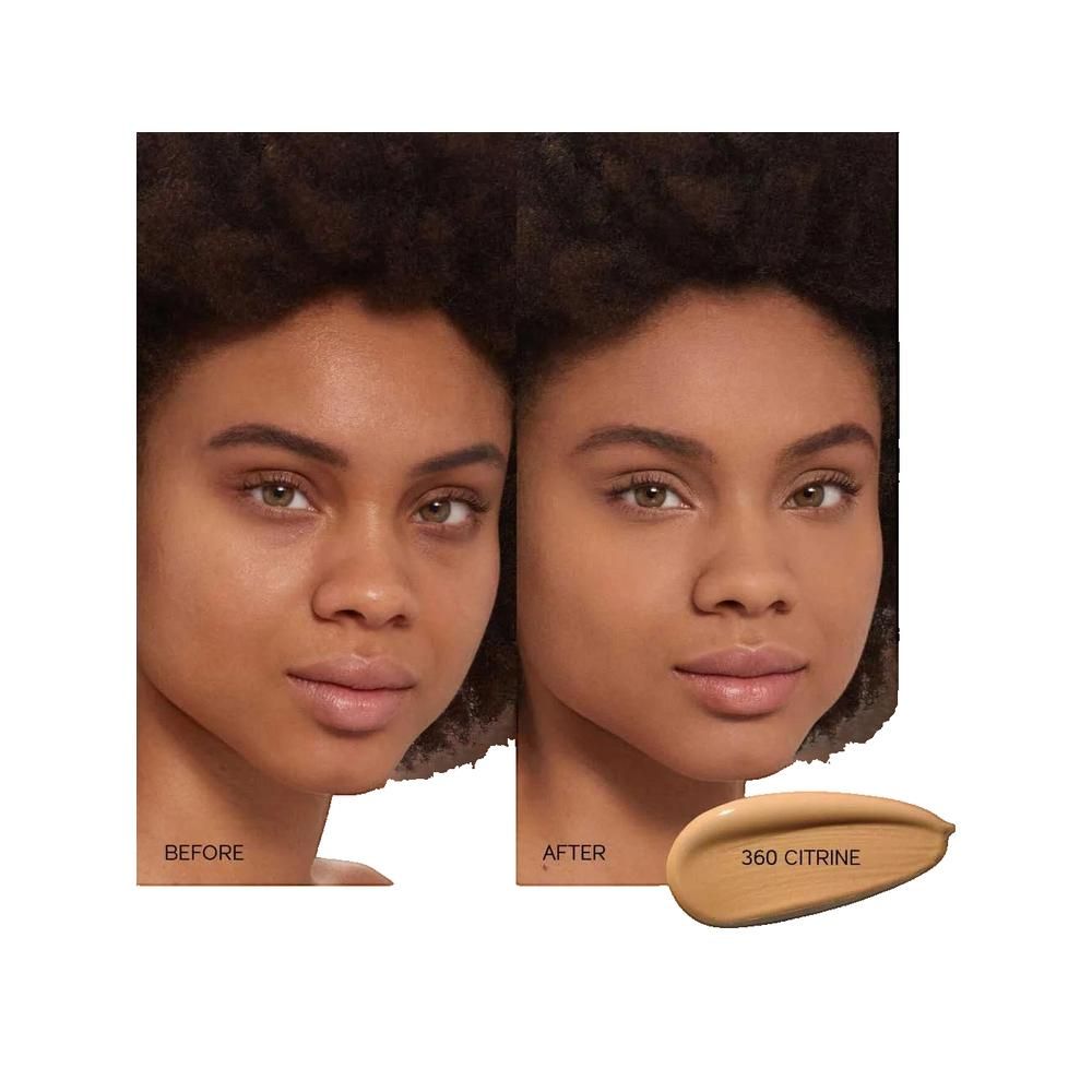 Comparaison avant-après. Visage de femme avec et sans fond de teint. Teinte 360 Citrine.