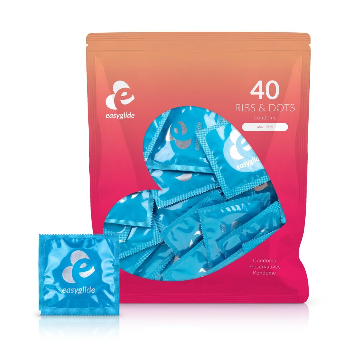 Sachet avec préservatifs en forme de cœur. Inscription '40 Ribs & Dots'. Préservatif unique à côté. Logo 'easyglide'.