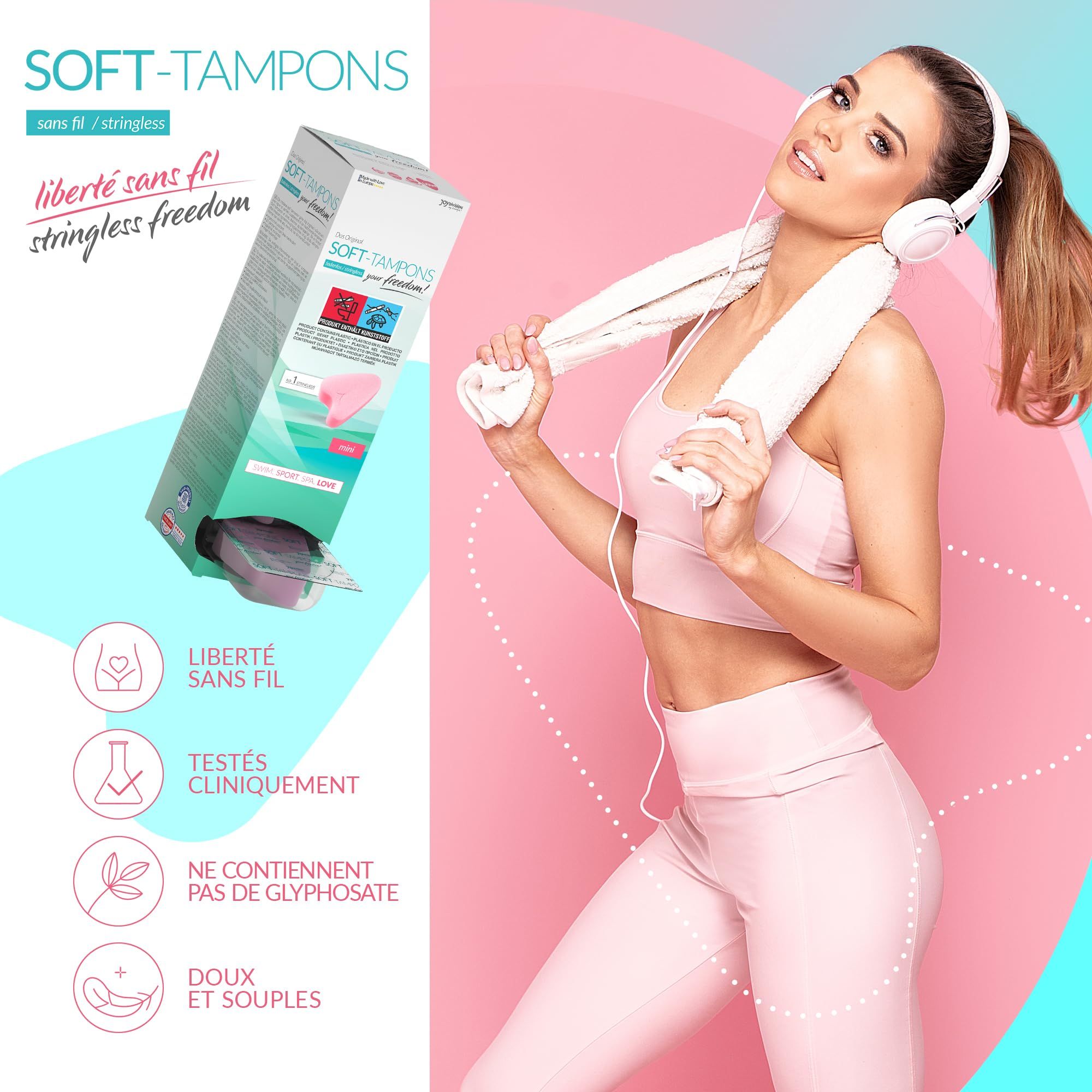 Boîte Soft Tampons mini, rose, en forme de cœur. Femme à la plage.