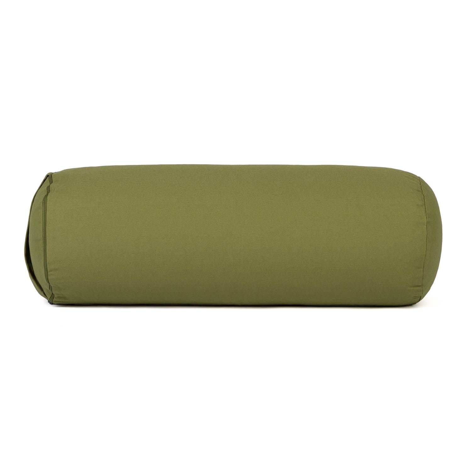 Yoga bolster, olijfgroen, cilindrisch. Stof met afgeronde uiteinden. Naad langs de lengte.