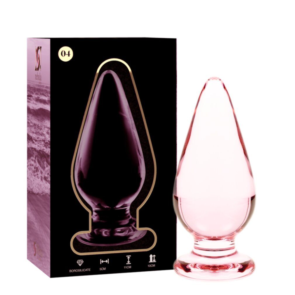 Plug anal en verre rose avec base large, 11 cm de long, 5 cm de large.