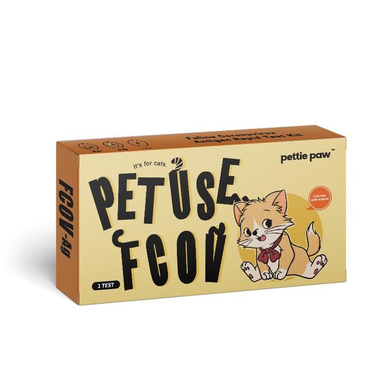 Boîte marron avec PET USE FCOV, chat. Contient 1 test. Avec le logo pettie paw.