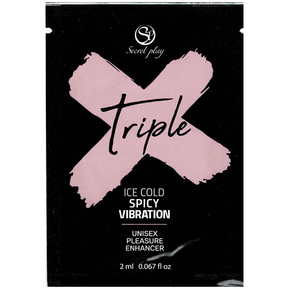 Zwarte verpakking met roze X-ontwerp en tekst. Bevat de tekst "Secret play Triple", "Ice Cold Spicy Vibration" en "Unisex Pleasure Enhancer". Inhoud: 2 ml.