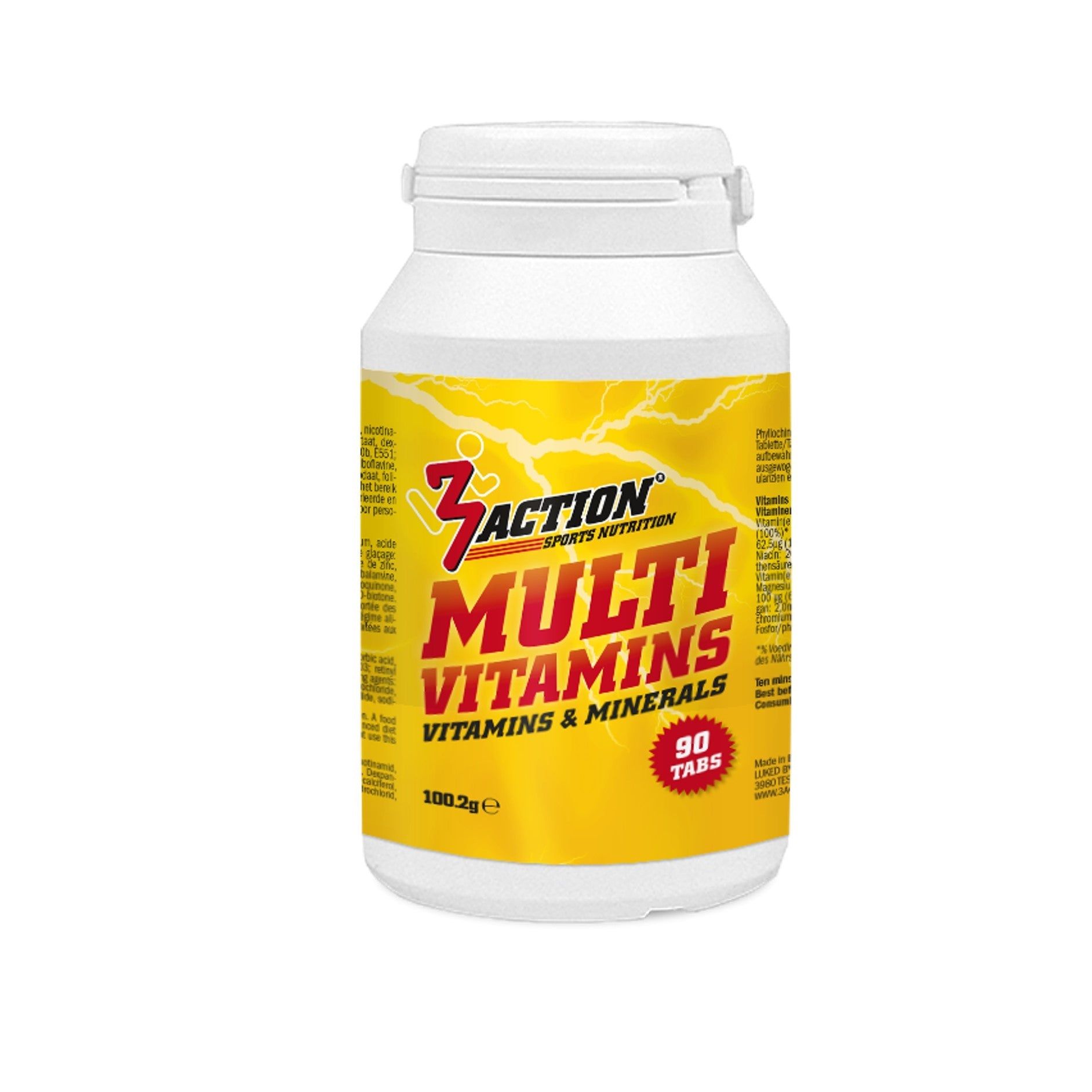 Witte fles met geel etiket. Opschrift: 3Action Multi Vitamins, 90 tabletten. Bevat vitaminen & mineralen.