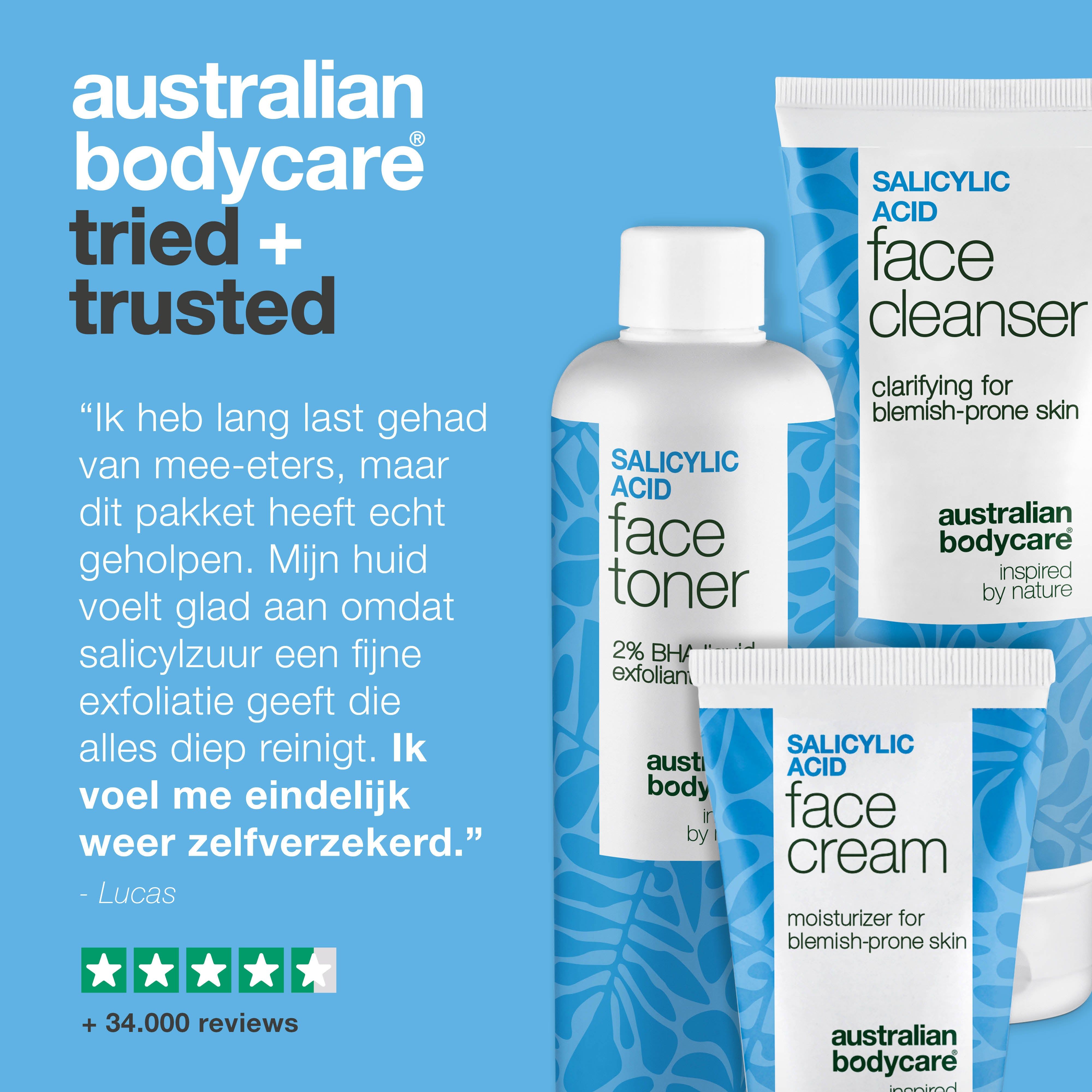 Drie producten van Australian Bodycare: gezichtstonic, reiniger en crème. Tekst: geprobeerd en vertrouwd.