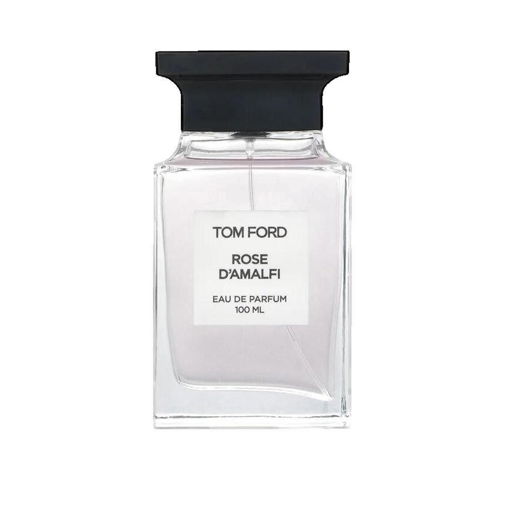 Parfumfles. Zwarte dop, rechthoekige fles met wit etiket. "Tom Ford Rose D'Amalfi".