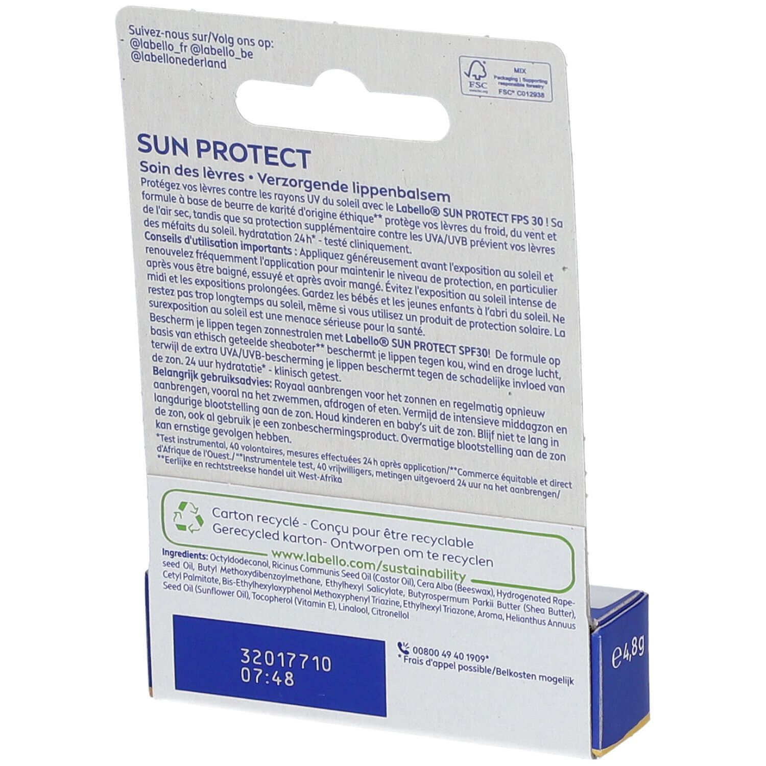 Arrière de l'emballage Labello Sun Protect SPF30 avec informations produit.