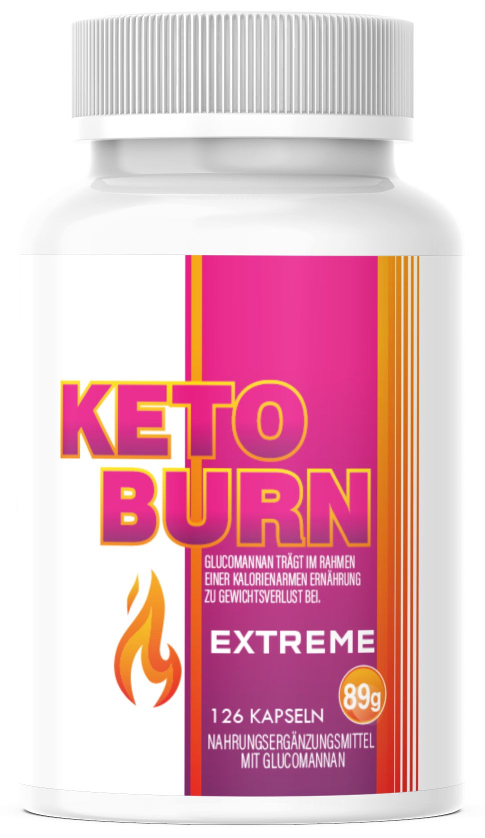 Flacon blanc avec étiquette KETO BURN. Contient 126 gélules. Inscription : EXTREME. Avec glucomannane. 89g.